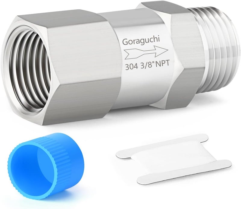 Goraguchi صمام فحص ذكر 3/8" NPT من الفولاذ المقاوم للصدأ 1 قطعة x صمام فحص أنثى 3/8" NPT، صمامات فحص غير قابلة للعودة، منع التدفق العكسي للوقود/الهواء/السائل/الزيت/الغاز - Image 1